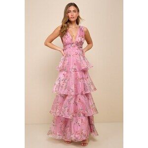 Lulus Garden Radiance Pink Floral Print Organza Tiered Maxi Dress - Size L